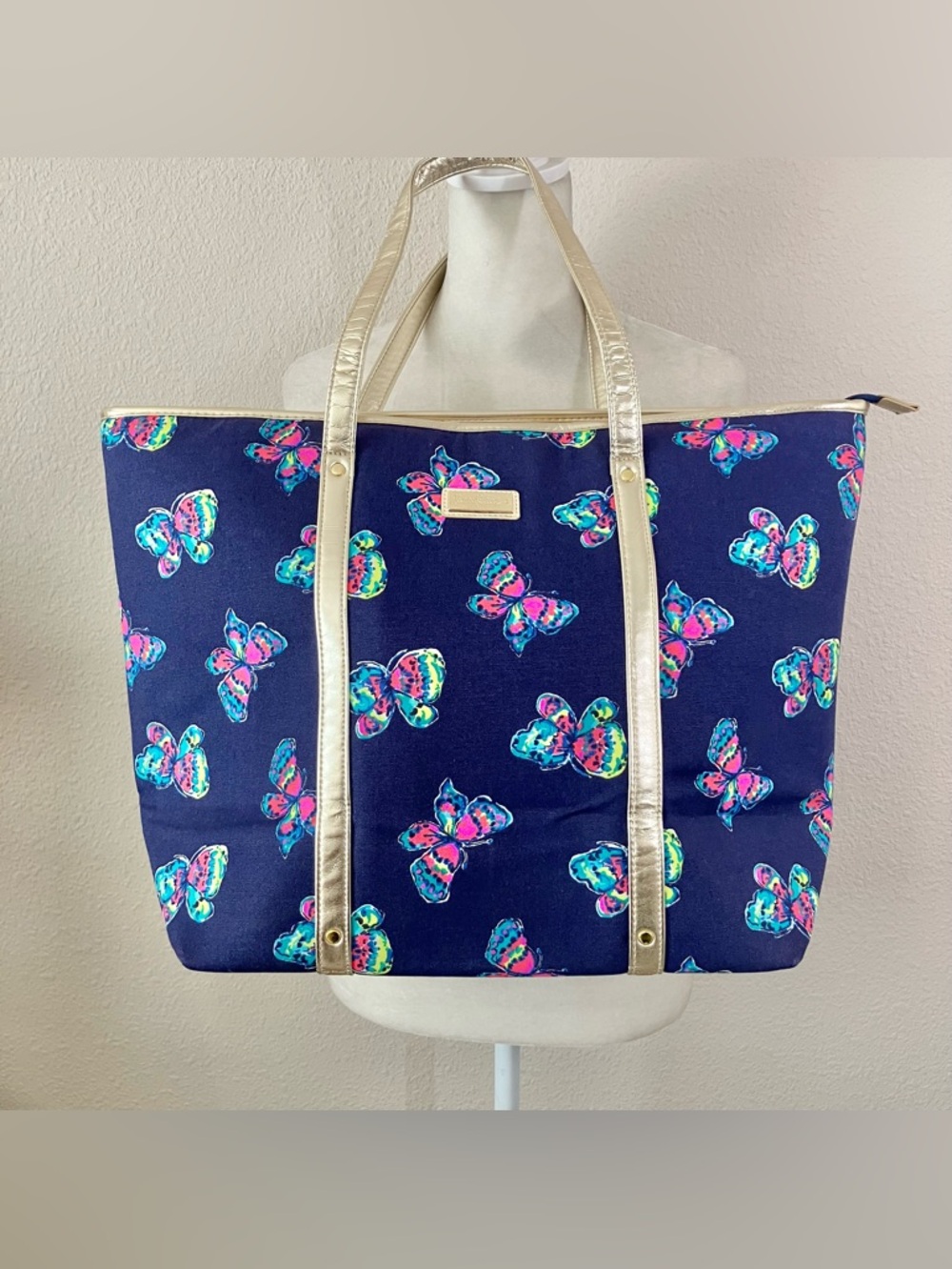 LILLY PULITZER Ive Got Butterflies Canvas Tote Gold Strap Beach Bag NEW Travel